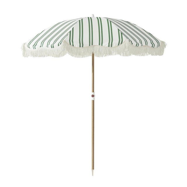 DEER LAND 6FT Stripe Fringe Beach Umbrella for Sand with Sand Anchor, UPF 50+ Sun Shade with Tassels, Adjustable Tilt Pole, Portable Coastal Umbrella for Beach & Pool, Heritage Ocean Cypress Stripe