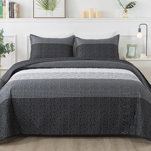 Andency Queen Quilt Bedding Set Black and White and Grey, 3 Pieces Patchwork Striped Ultra Soft Lightweight Bedspreads, Coverlets Set with 2 Pillow Shams for All Seasons (90"x96")