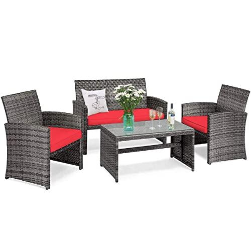 Goplus Rattan Furniture Set, 4 Pieces Outdoor Wicker Conversation Sofa Set with Cushions and Table for Garden Yard Patio Balcony (Red)