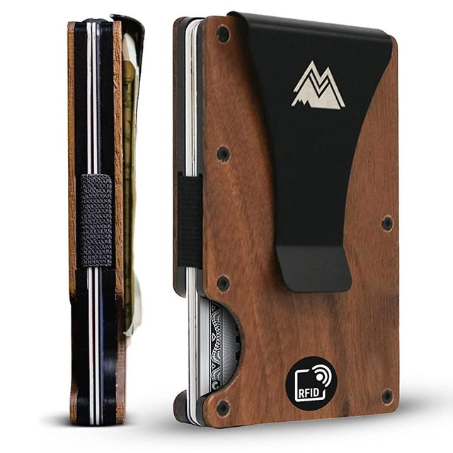Mountain Voyage - Minimalist Wallet for Men - Slim RFID Wallet I Natural Walnut Wood & Scratch Resistant Carbon Fiber Credit Card Holder & Money Clip, Easily Removable Money & Cards, Mens Wallets