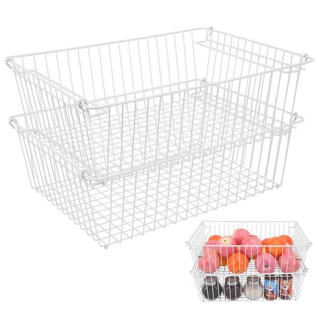 Set of 2 Stackable XXL Wire Baskets For Pantry Storage and Organization -16x12in Large Metal Food Baskets - Pantry Storage Bins With Handles (White, XXL)