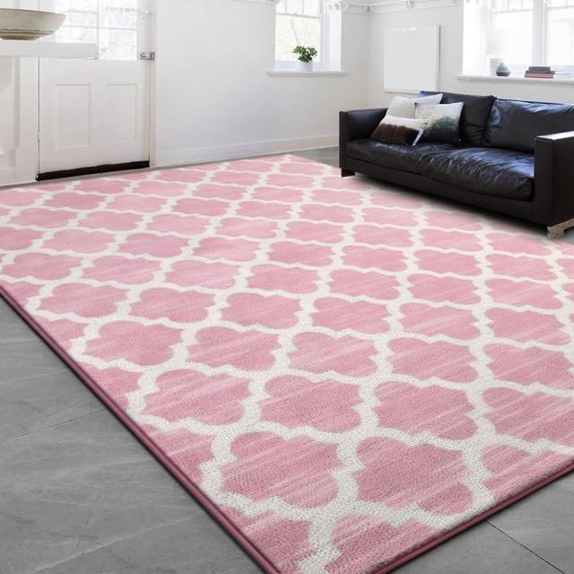 Kimeesky Large 6x9 Geometric Shag Modern Area Rug for Living Room Bedroom, Distressed Moroccan Fluffy Rug Indoor Carpets for Kids Nursery Bedside Room Decor, Memory Foam Soft Shaggy Rugs, Pink/White