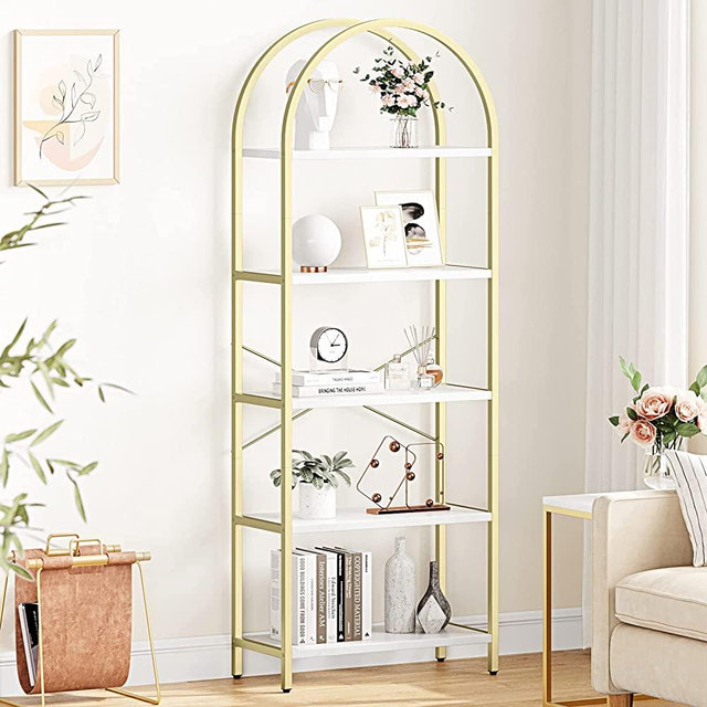 IDEALHOUSE Bookshelf 5 Tier Bookcase Arched Display Racks Tall Standing Bookshelves Mental Frame Modern Storage Rack Shelf Large Wood Book Shelf for Bedroom, Living Room, Home Office, White/Gold