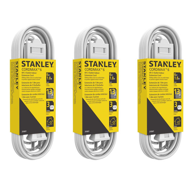 STANLEY CordMax6 3-Outlet Polarized 2-Prong Indoor Extension Cord With Sliding Safety Covers - Pack of 3 - White 6-Feet