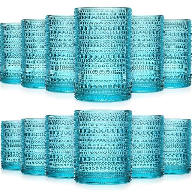 Foaincore 12 Count Hobnail Drinking Glasses Set Vintage Glassware Old Fashioned Beverage Glasses 6 Highball Bubble Cocktail 14 Oz, 6 Rocks Glass Cup 11 oz Water Elegant Glassware(Teal)