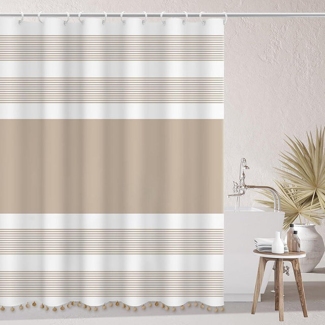 Flogriet 72"x72" Luxury Fabric Farmhouse Boho Beige Shower Curtain Khaki Shower Curtains with Pompom Boho Modern Classics Brown and White Striped Curtains for Bathroom