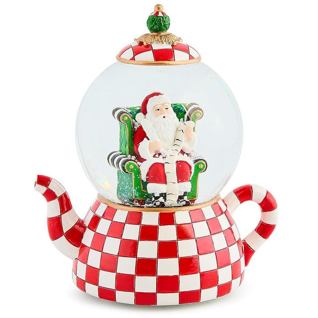 MACKENZIE CHILDS Snow Globe, Christmas Decor for Living Room, Check It Out Teapot