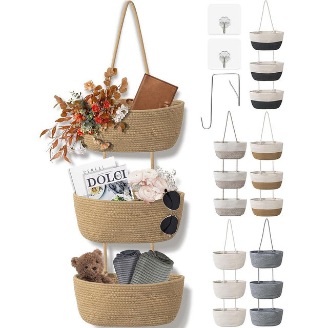 Wymulot 3 Tier Wall Mounted Woven Hanging Basket, Over the Door Hanging Basket with Hooks, Decorative Storage Hanging Closet Removable, Large Wall Basket for Living Room, Bedroom, Kitchen (Brown)