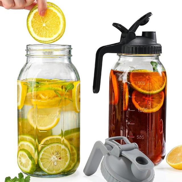 64oz Glass Pitcher with Lid 2 Pack,2 Quart Mason Jar Pitcher with Lid and Spout - Half Gallon Mason Jar Pitcher Wide Mouth for Iced Tea/Sun Tea/Coffee/Juice, Glass Jars with Lids (Black & Gray)