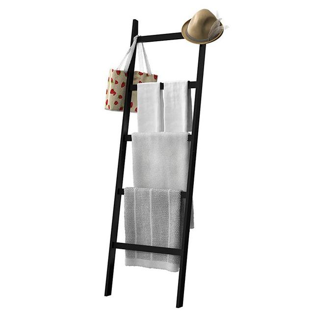 WTZ Blanket Ladder, 5-Layer Towel Racks, Blanket Holder with Anti-Slip Construction Home Decor, Decorative Blanket, Quilt, Towel, Scarf Ladder Shelves for Livingroom, Bedroom, Bathroom, Black