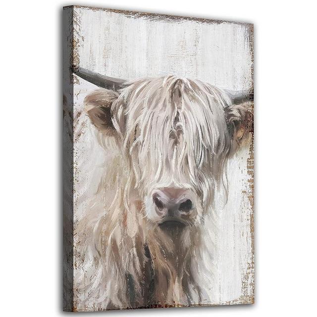 Highland Cow Canvas Wall Art Farmhouse Canvas Wall Decor Retro Cow Pictures Prints Painting Modern Artwork Home Living Room Bedroom Office Kitchen Bathroom Decoration Framed Ready to Hang 16"x 24"