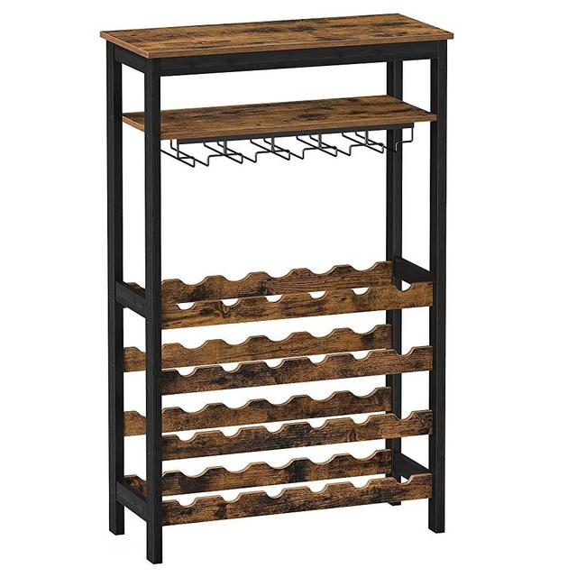 SONGMICS 24-Bottle Wine Rack Free Standing Floor, Display Wine Storage Shelves with Glass Holder Rack, Wobble-Free Bottle Holder for Kitchen Bar Dining Room, Rustic Brown and Black UKWR028B01