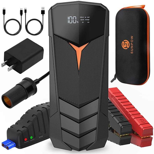 Car Jump Starter, Sun POW 2000A Peak 20000mAh Lithium Jump Starter Pack(Up to All Gas and 8.5L Diesel),12V Battery Booster for Cars, Trucks, SUV, Portable Power Pack with LCD Screen & LED Light