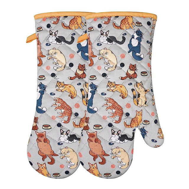 Oven Mitts Cotton Fashion Cute Cat Design 1pair Heat Resistant Oven Gloves Safe Cooking Baking Grilling Barbecue Machine Washable Pot Holders (Cat)