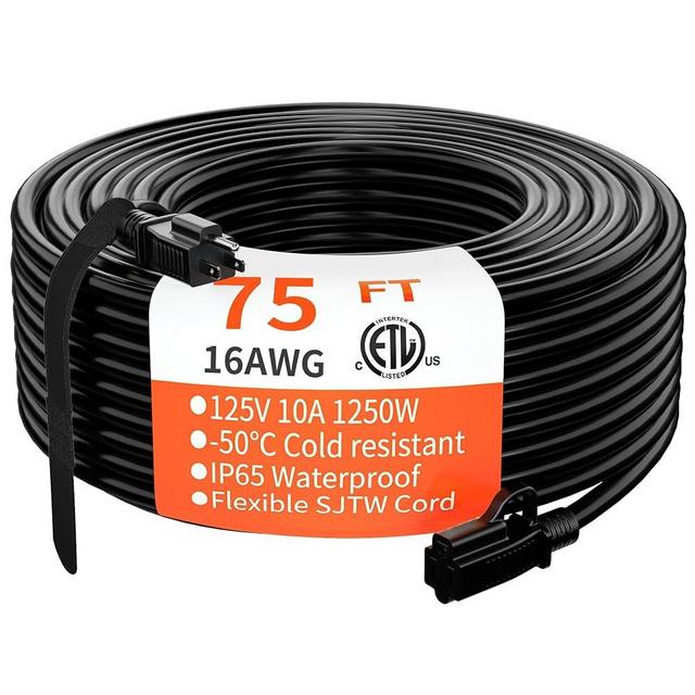 HUANCHAIN Indoor Outdoor Black Extension Cord 75 ft Waterproof, 16/3 Gauge Flexible Cold-Resistant Appliance Extension Cord Outside, 10A 1250W 16AWG SJTW, 3 Prong Heavy Duty Electric Cord, ETL