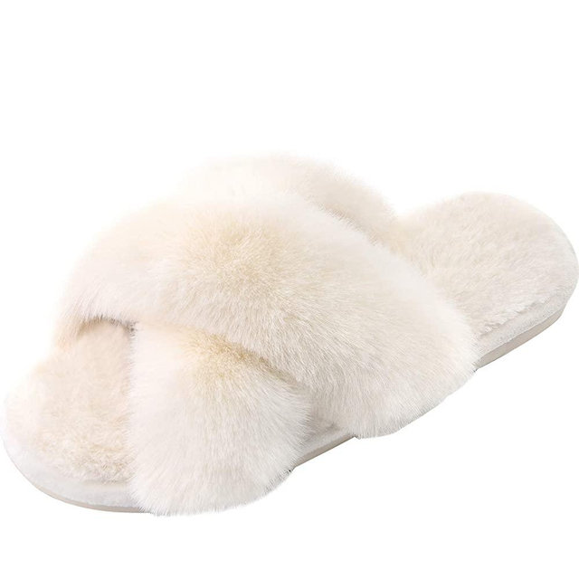 Women's Cross Band Slippers Soft Plush Furry Cozy Open Toe House Shoes Indoor Outdoor Faux Rabbit Fur Warm Comfy Slip On Breathable