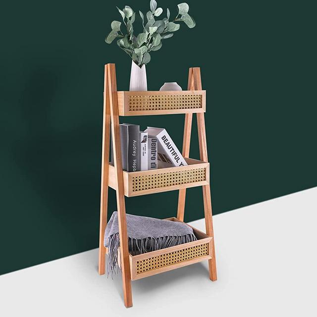 Ladder Bookshelf, 3-Tier Rattan Bookshelf, Free Standing Bookcase, Industrial Bookshelf, Wood Organizer Storage Shelves for Living Room Bedroom Kitchen Bathroom Balcony and Home Office