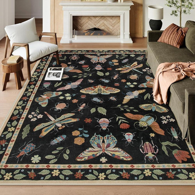 Lahome Insect Area Rugs 8x10, Non Slip Washable Rugs for Living Room 8x10 Rug, Soft Modern Bedroom Rug 8x10 Under Bed Ultra-Thin Large Carpet for Dining Room Office Playroom(8'x10',Black)