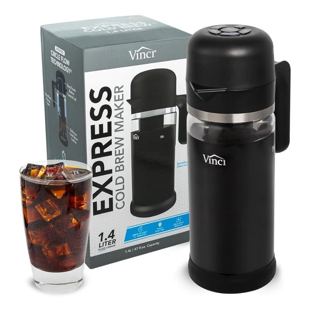 VINCI Express Cold Brew, Electric Cold Brew Coffee Maker in 10 minutes, 4 Brew Strength Settings & Cleaning Cycle, Easy to Use & Clean, Glass Carafe 1.4 Liters Push Button Control
