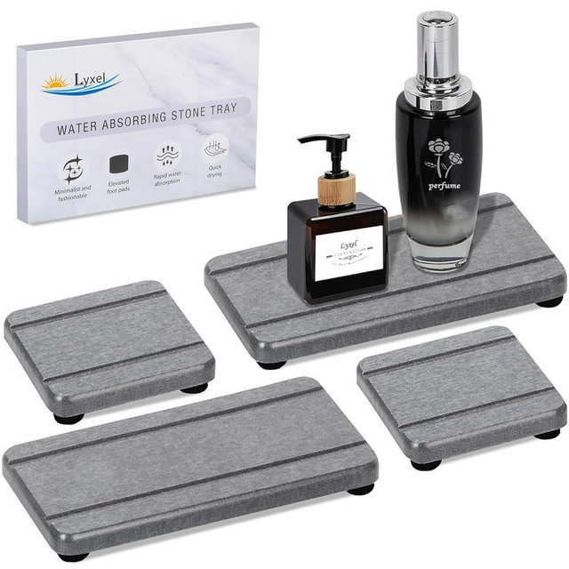 4PCS Stone Drying Trays for Bathroom Sink, Water Absorbing Stone Tray, Water Absorbent Diatomaceous Earth Tray and Coaster, Diatomite Soap Dish, Drying Stone Soap Tray for Kitchen Counter