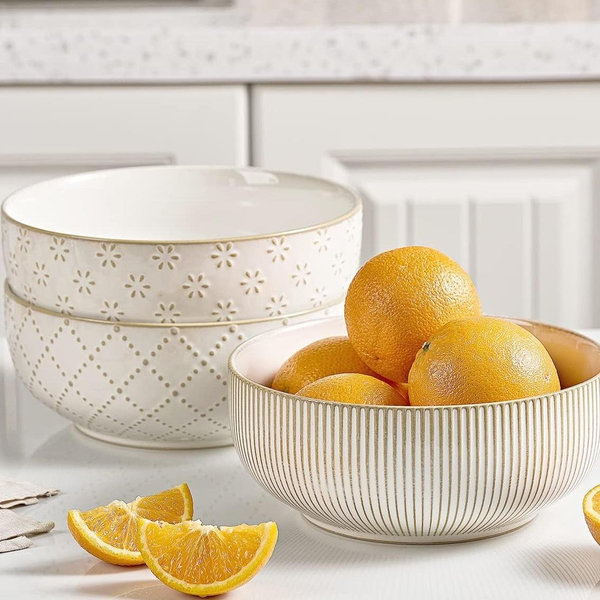 getstar Large Serving Bowls (8 inch & 60 fl oz), Ceramic Salad Bowl Set of 2, Microwave and Dishwasher Safe, Farmhouse Kitchen Decorative Bowls Set (Embossed Checks & Stripes)