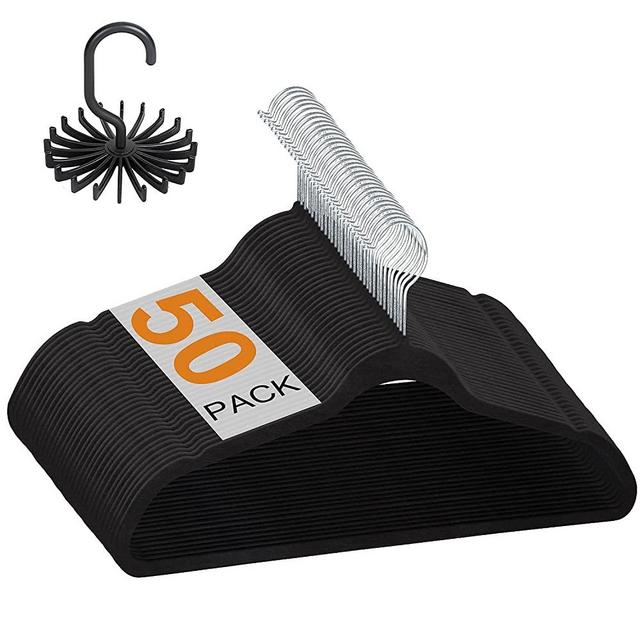 Ollnoos Black Velvet Non-Slip Clothes Hangers: Ultra-Thin Space-Saving Durable Clothing Hanger 50-Pack | Felt Hangers with 360° Swivel Hook for Shirt Suit Shorts Dress