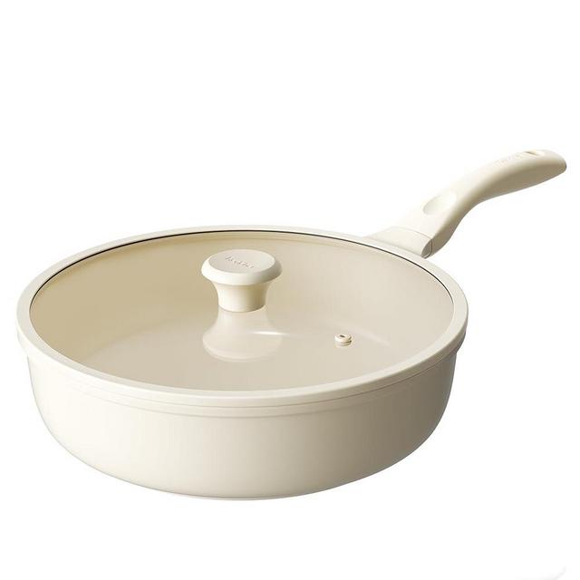 Redchef Ceramic Frying Pan with Glass Lid, Nonstick Deep Saute Pan for All Stovetops, Healthy Cooking Pan, Ergonomic Handle, Fast Even Heating, Splatter Prevention, Oven Safe, Beige (5.2Qt, 12")