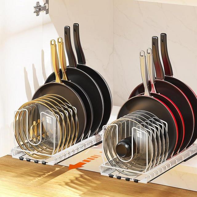 Housolution 2 Pack Pull out Pot Lid Organizer for Under Cabinet, Slide Out Pot and Pan Organizer with 10 Adjustable Dividers, Sliding Pan Holder Storage Rack inside Cabinet, White