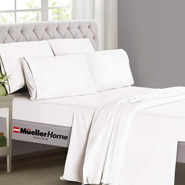 Mueller Ultratemp Bed Sheets Set, Super Soft 1800 Thread Count Egyptian 18-24 Inch Deep Pocket Sheets, Transfers Heat, Breathes Better, Hypoallergenic, Wrinkle, 6Pc, White Queen