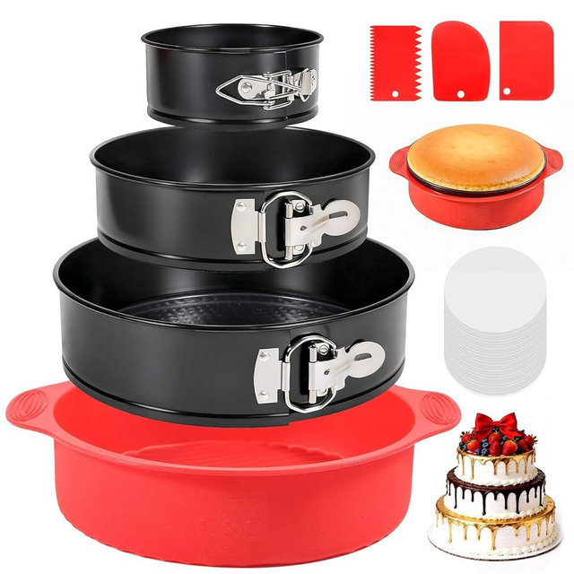 MASSUGAR 4 7 9 Inch Springform Pan with Silicone Protector, 50 Pcs Parchment Paper Liners, 3 Cake Scrapers, Leakproof Round Cake Pan for Baking in Water Bath - Nonstick Spring Form Pan for Cheesecake