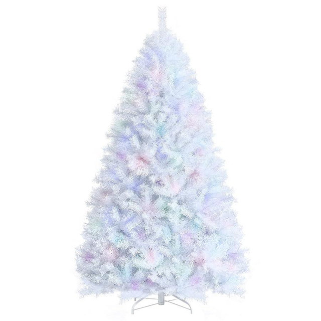 Happygrill 7FT White Christmas Tree Realistic Lush Xmas Tree with 1156 PVC & PET Branch Tips Hinged Structure & Metal Base Artificial Iridescent Pine Tree for Festival Home Mall