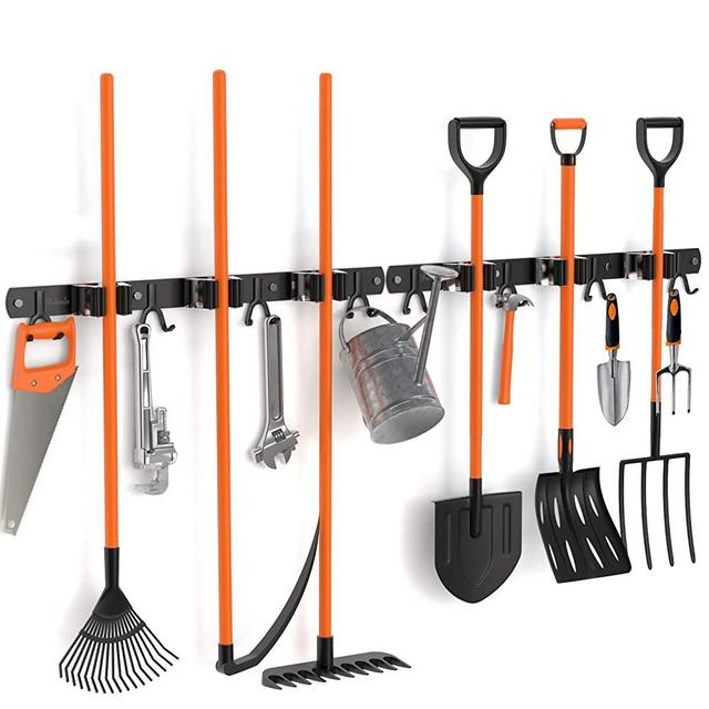 Poboola Mop Broom Holder, Stainless Steel Wall Mounted Garage Storage Organizer, Heavy Duty Tools Hanger with 3 Racks 8 Hooks for Home Kitchen Bathroom Closet Office Garden, 2 Pack (Black)