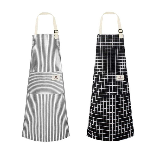 NLUS 2 Pack Waterproof Cooking Aprons, Adjustable Bib Soft Chef Apron with 2 Pockets for Men Women (Black Plaid/Grey Stripe)