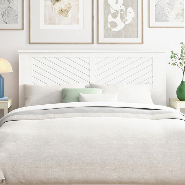 ComfIQ Serene Poplar Wood Queen Size Headboard in White, Modern Farmhouse Panel with Chevron Scoring, Casual Coastal Style, Easy Assembly, Quality Materials