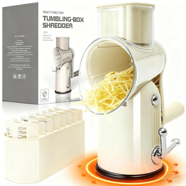 5 in 1 Cheese Grater with Rotary Hand Crank - Vegetable Chopper with Replaceable Stainless Blades, Strong Suction Base, Handle, Blade Storage Box, Easy-Clean Multipurpose Kitchen Slicer (White)