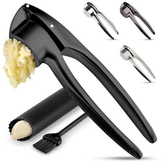 Zulay Kitchen Premium Garlic Press Set – Rust Proof & Dishwasher Safe Garlic Mincer Tool with Silicone Garlic Peeler & Brush, Easy Squeeze & Clean, Ergonomic Soft Grip Handle - Medium – Black