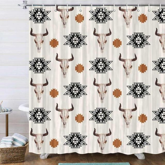 JAWO Western Boho Shower Curtain Native Aztec Tribal Bull Skull Southwestern Cow Bohemian Geometric Pattern Beige Bathroom Decor Aztec Shower Curtain with Hooks