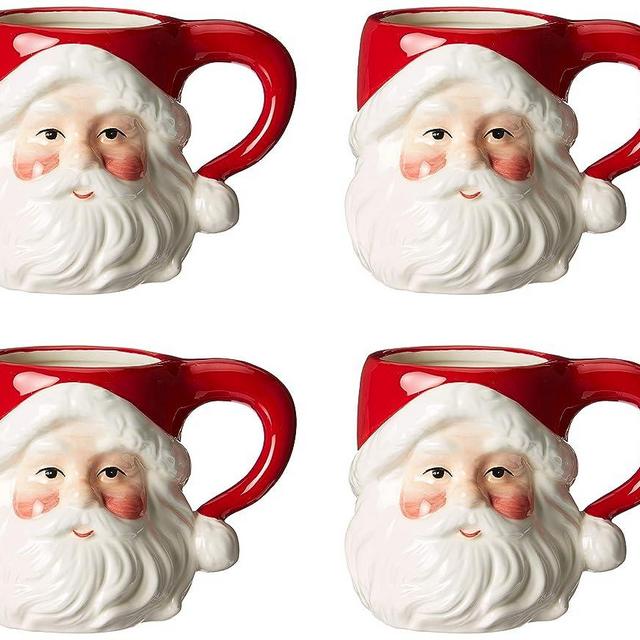 Christmas Ceramic Classic Santa Heads Beverage Drinking Mugs, Red & White, Set of 4, Medium, 5.5" x 3.9" x 4.1"