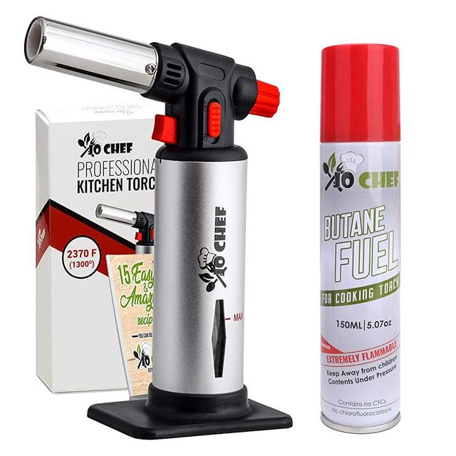 Kitchen Torch, blow torch - Refillable Butane Torch With Safety Lock & Adjustable Flame + Fuel gauge - Culinary Torch, Creme Brûlée Torch for Cooking Food, Baking, BBQ + FREE E-book, 1 Can Included