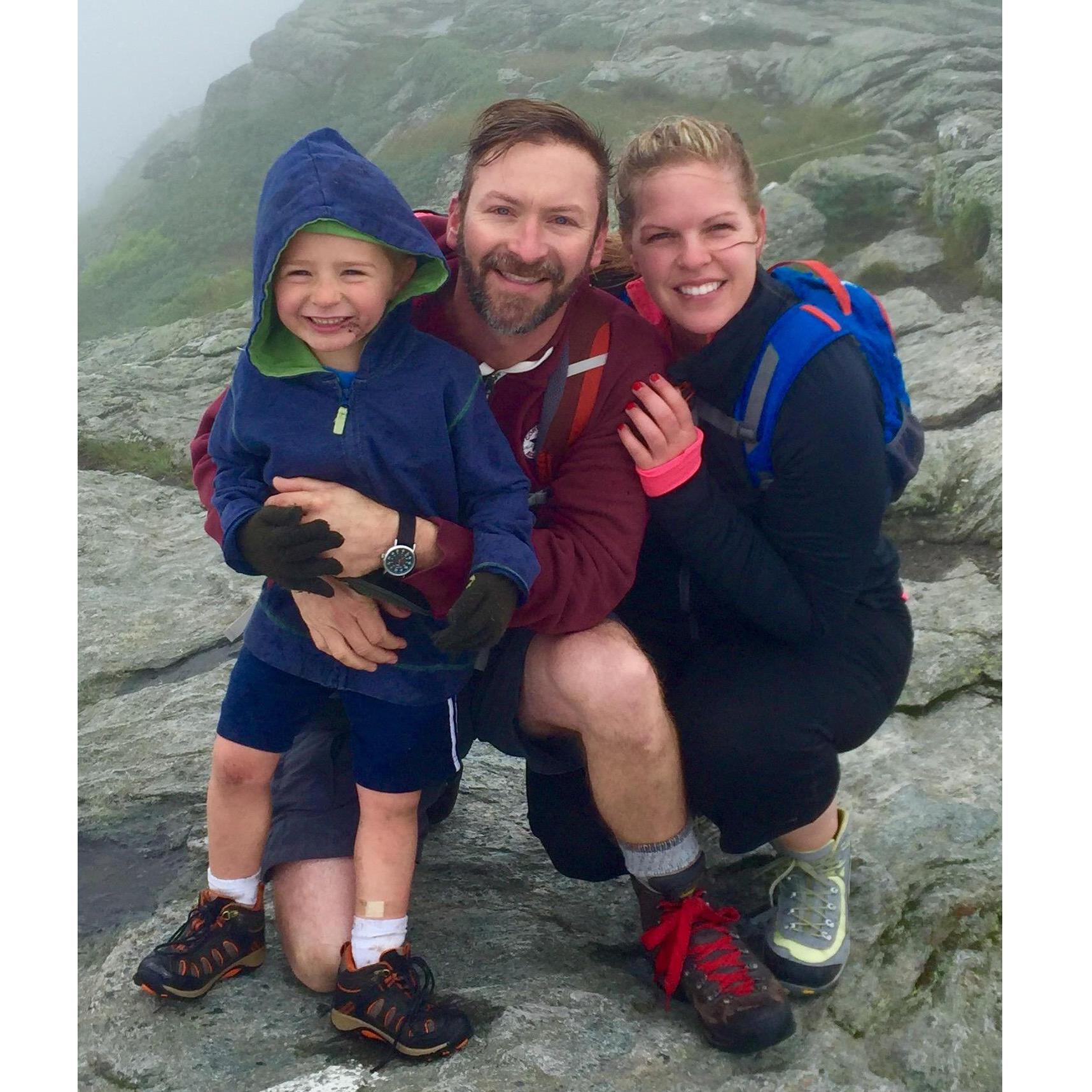 Hiking the largest mountain in Vermont, Mount Mansfield, over 4th of July. A hot summer day turned into a cold wet windy peak. It actually blew James over into a puddle (hence the mud on his face).