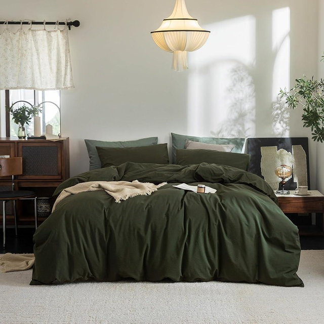 FOSSA Duvet Cover Set 100% Washed Cotton Linen Feel Super Soft Breathable Cozy 3 Pieces Bedding Sets Solid Olive Green Full/Double