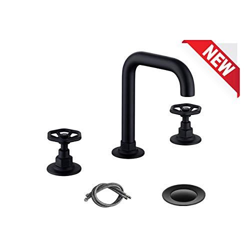 RKF Solid Brass Two Handle Widespread Bathroom Sink Faucet with Pop-up Drain with overflow and CUPC Faucet Supply Hoses,Matte Black,CWF026B-MB