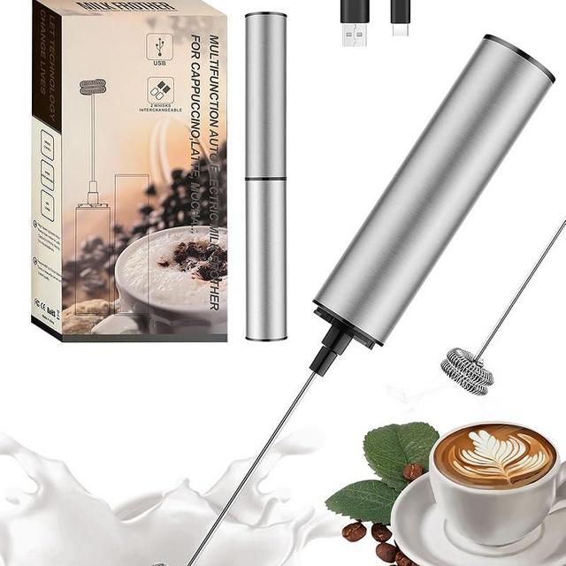 INFOOD Milk Frother Rechargeable with Cover - Coffee Frother Wand, Drink Mixer Handheld with 2 Detachable Stainless Whisks 2 Speed Adjustable for Latte, Cappuccino, Hot Chocolate, Egg, Silver