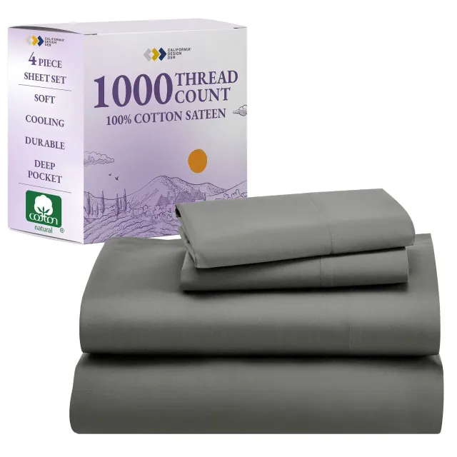 Luxury 1000 Thread Count Bed Sheets Set - 100% Cotton Sateen - Soft, Thick & Deep Pocket by California Design Den - Gray, Queen