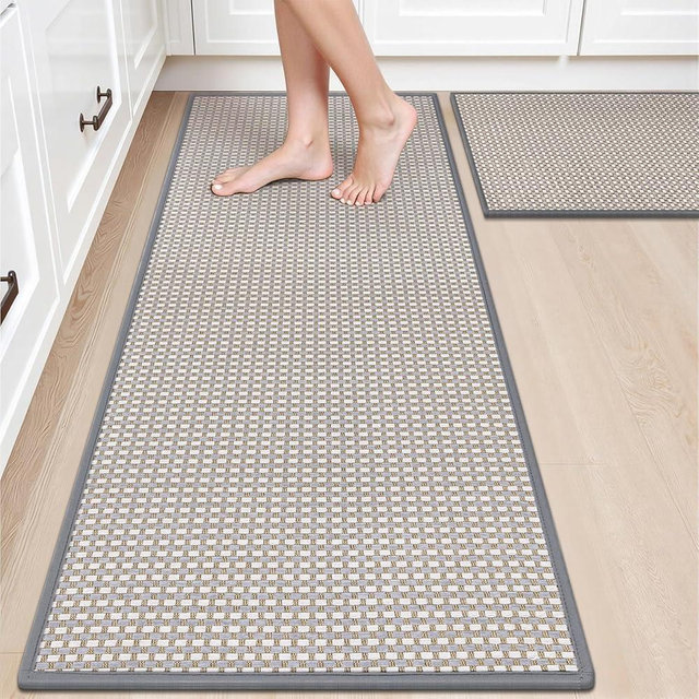 HEBE Kitchen Rugs Sets of 2 Non Slip Washable, Cushioned Rubber Kitchen Mats for Floor,Stain Resistant Kitchen Carpet Runner Rug for Hallways, Front of Sink, Laundry