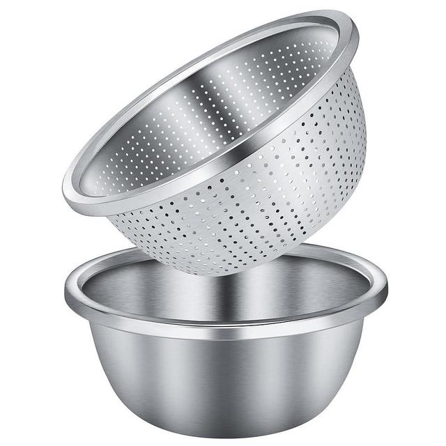 Gulex Colander Stainless Steel 3-Quart with Mixing Bowls, Strainer for Kitchen Food For washing vegetables, fruit and rice, Dishwasher Safe. (2PC)