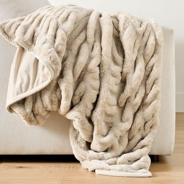 Faux Fur Ruched Throw, Champagne, 60" x 80"