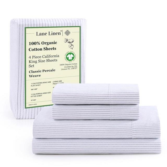 LANE LINEN 100% Organic Cotton Printed California King Sheets Set, 4-Piece All Season Fully Elasticized Deep Pocket Fits Mattress Upto 15", Mercerized Printed Cal King Sheet Set -Ticking Stripe Blue