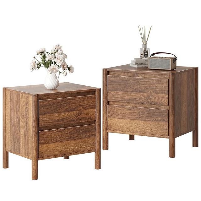 CHUWELL Mid Century Nightstand Set of 2 - Bedside Table with 2 Drawers and 4 Sturdy Solid Wood, End Table for for Bedroom (Walnut)