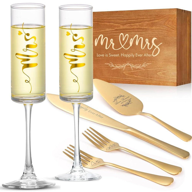 VARLKA Wedding Cake Knife and Server Set, Mr and Mrs Champagne Flutes Glasses & Forks with Wooden Box, Gold Cake Cutting Set for Wedding Engagement Bridal Shower Gifts